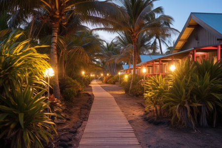 illuminated garden path leading to beachside huts, created with generative aiの素材