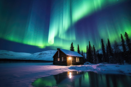 northern lights illuminating the sky over a log cabin in winter, created with generative aiの素材
