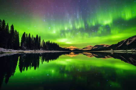 aurora borealis reflected in a calm lake, created with generative aiの素材