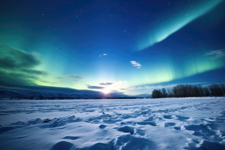 northern lights flickering over a snowy plain, created with generative aiの素材