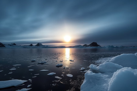 solar eclipse in the arctic, casting a dark sculptured landscape, created with generative aiの素材