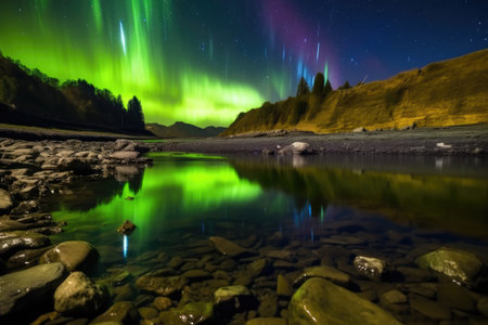 colorful auroras reflected in the smooth surface of a river, created with generative aiの素材