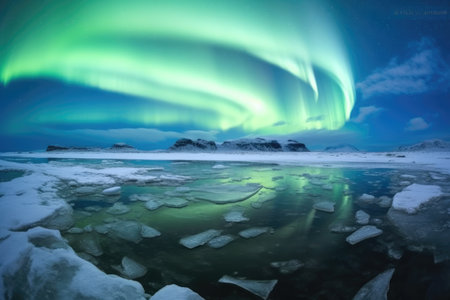 aurora borealis swirling over a barren arctic landscape, created with generative aiの素材