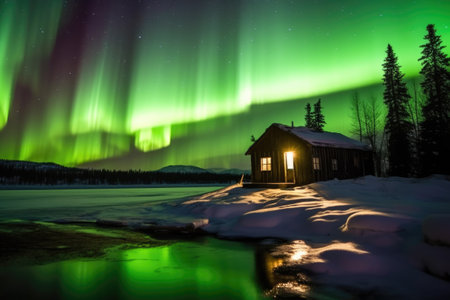 luminous curtains of aurora borealis over an isolated wooden cabin, created with generative aiの素材