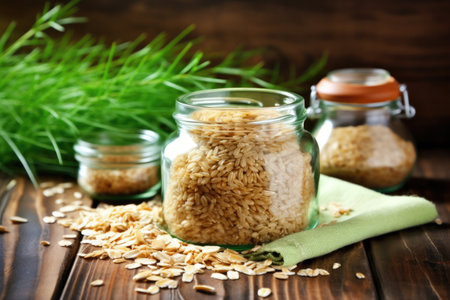 a clear jar filled with uncooked brown rice, created with generative aiの素材
