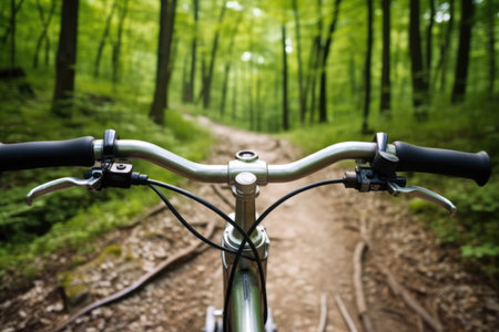 detailed shot of bike handlebars with wooded trail in background, created with generative aiの素材