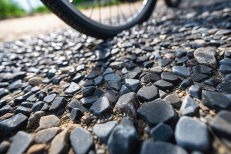 close-up of coarse gravel beneath bike tire, created with generative aiの素材
