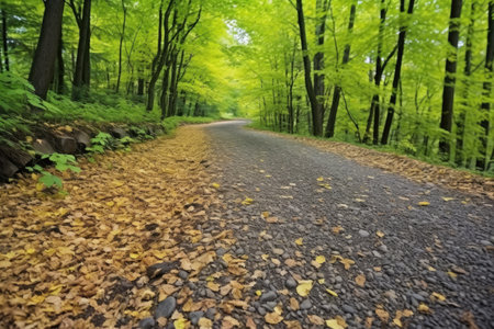 gravel path curving through a dense forest, created with generative aiの素材