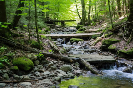 a creek crossing on a wooded trail, created with generative aiの素材
