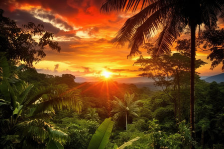 a picturesque image of a sunset over a jungle, created with generative aiの素材