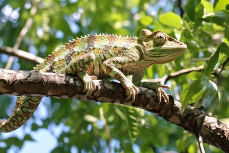 a chameleon camouflaged on a tree branch, created with generative aiの素材