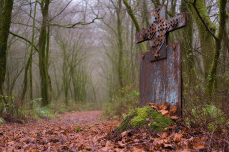 rusty signpost on a path in the woods, created with generative aiの素材