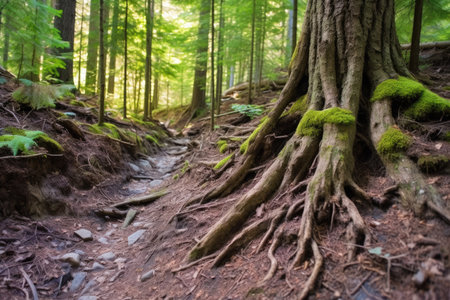 tree roots emerging on a forest trail, created with generative aiの素材