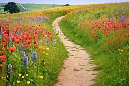 a winding path through fields of wildflowers, created with generative aiの素材