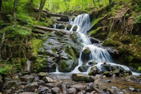 a waterfall cascading down a rocky reserve terrain, created with generative aiの素材