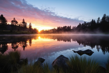 sunrise over a pristine lake in a wilderness reserve, created with generative aiの素材