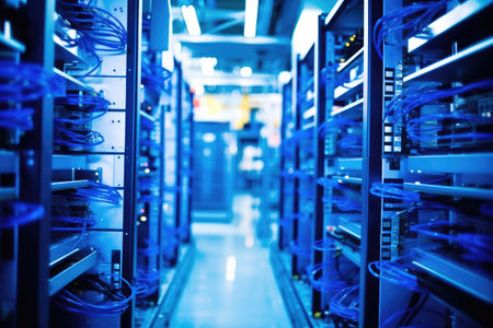 open source server hardware in a cool, blue server room, created with generative aiの素材
