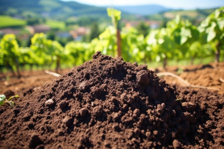 close shot of organic compost applied in vineyards, created with generative aiの素材