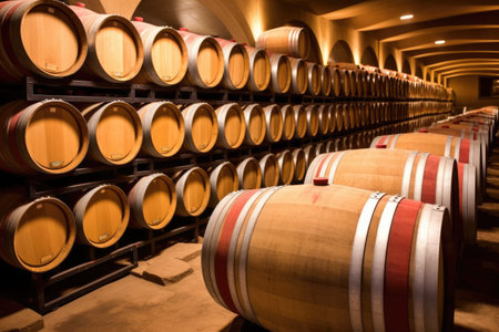 barrels of biodynamic wine in a cellar, created with generative aiの素材