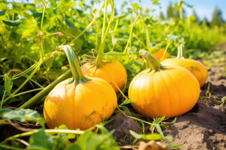 close-up of ripe, orange pumpkins in a patch, created with generative aiの素材