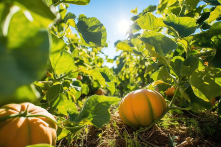close-up of ripe, orange pumpkins in a patch, created with generative aiの素材