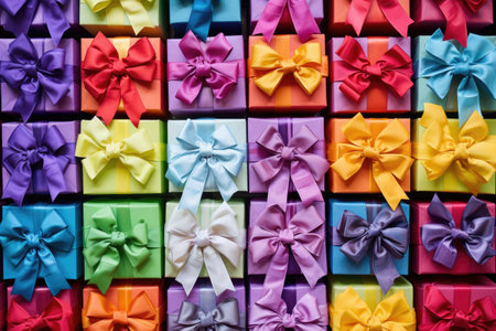 set of colorfully wrapped gift boxes with bows, created with generative aiの素材