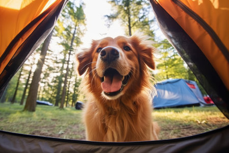 pov shot from inside tent of dog outside, created with generative aiの素材