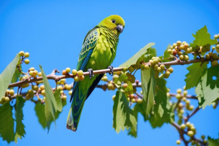 a green parakeet on a grapevine branch against blue sky, created with generative aiの素材