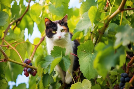 stray cat among the grapevines, ripe bunches of grapes around, created with generative aiの素材