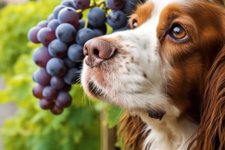 close-up of a dog sniffing a bunch of ripe grapes, created with generative aiの素材