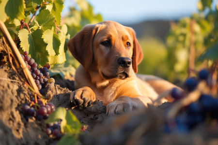 labrador retriever amongst ripe dark grapes in late afternoon sun, created with generative aiの素材