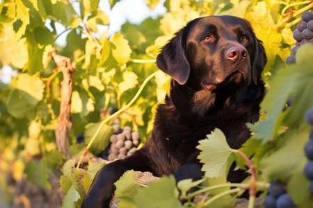 labrador retriever amongst ripe dark grapes in late afternoon sun, created with generative aiの素材