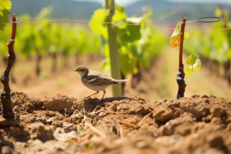 small bird drinking from a water bowl in the middle of a vineyard, created with generative aiの素材
