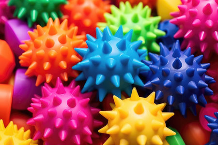 close-up of a cluster of colorful rubber pet toys, created with generative aiの素材