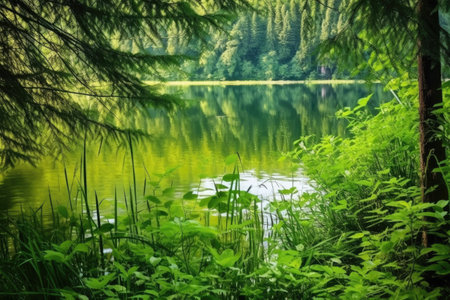 lush green plants along the edge of a peaceful lake, created with generative aiの素材