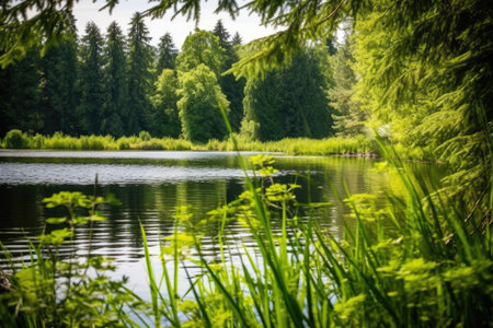 lush green plants along the edge of a peaceful lake, created with generative aiの素材