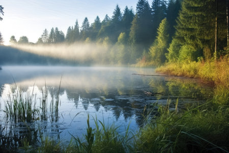 foggy early morning view of a forested lake, created with generative aiの素材