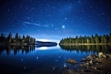 beauty of star-filled sky over a secluded lake, created with generative aiの素材