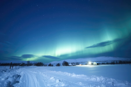 northern lights over a snowy landscape, created with generative aiの素材