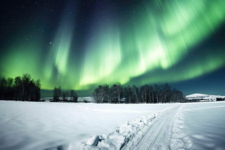 northern lights over a snowy landscape, created with generative aiの素材