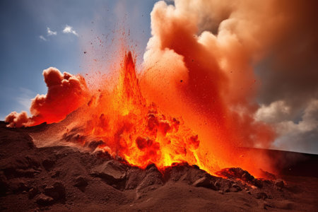 volcano erupting with molten lava and smoke, created with generative aiの素材