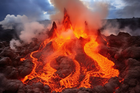 volcano erupting with molten lava and smoke, created with generative aiの素材