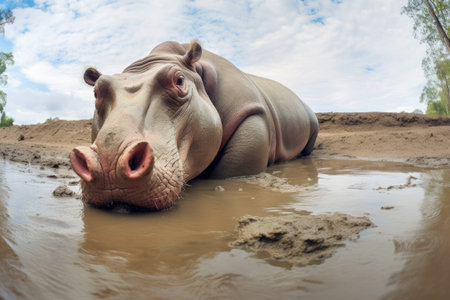 panoramic view of a hippopotamus in a muddy waterhole, created with generative aiの素材