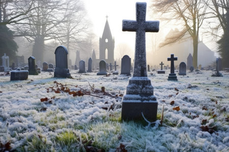 frost covering a stone cross in a cemetery by a church, created with generative aiの素材