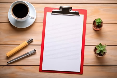 clipboard with a checklist on a table with a cup of coffee, created with generative aiの素材