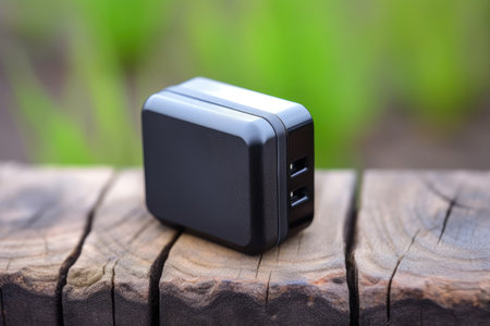 close-up of a usb wall adapter on wooden surface, created with generative aiの素材