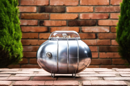 a silver metal cylinder of propane gas on a brick wall, created with generative aiの素材