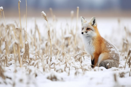 fox in snowy field eyeing a rabbit, created with generative aiの素材
