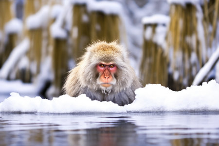 a macaque soaking in a hot spring surrounded by snow, created with generative aiの素材
