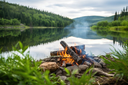 smoking campfire beside a green mountain lake, created with generative aiの素材